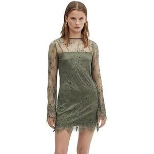 MNG Mango Olive Green Lace Long Sleeve Dress Sheer‎ Overlay Beaded Embellished